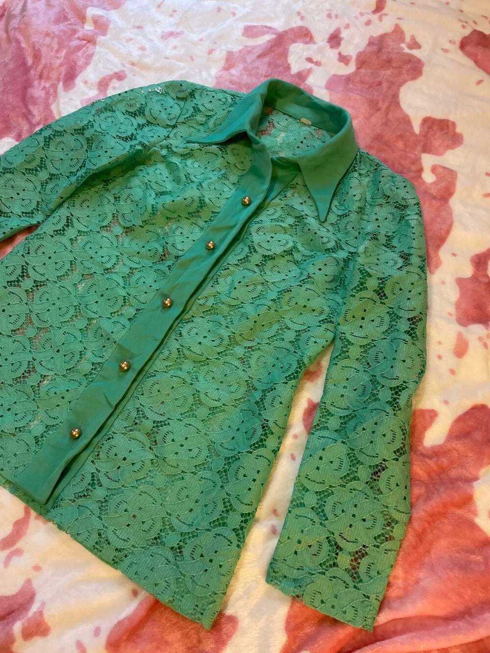 Vintage 70s Mint Green Floral Lace Dagger Collar Blouse Size 10